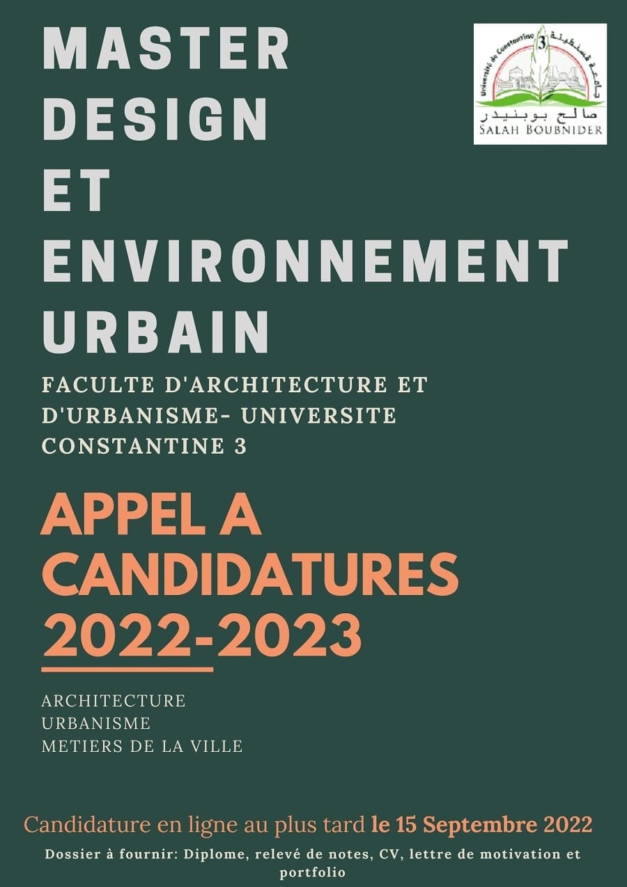 CALL FOR APPLICATIONS PROFESSIONAL MASTER DESIGN AND URBAN ENVIRONMENT