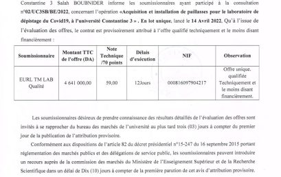 Avis d’attribution provisoire-consultation N°02/UC3SB/BE/2022