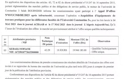 Avis d’attribution provisoire de L’Appel d’offres national ouvert avec exigence de capacités minimales N° 03/ UC3SB/BE/2023 « Aprés infructuosité »