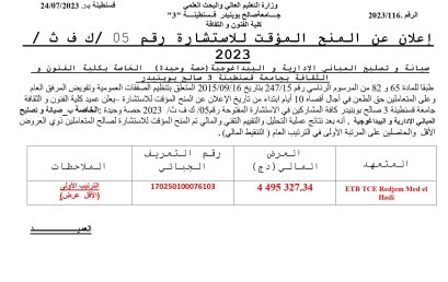 إعلان عن المنح المؤقت للاستشارة رقم 05 /ك ف ث / 2023