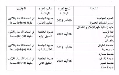 برنامج و مكان سير المقابلة للمترشحين المقبولين  للتوظيف و / أو المسابقة على أساس الشهادة للإلتحاق برتبة أستاذ مساعد قسم “ب”