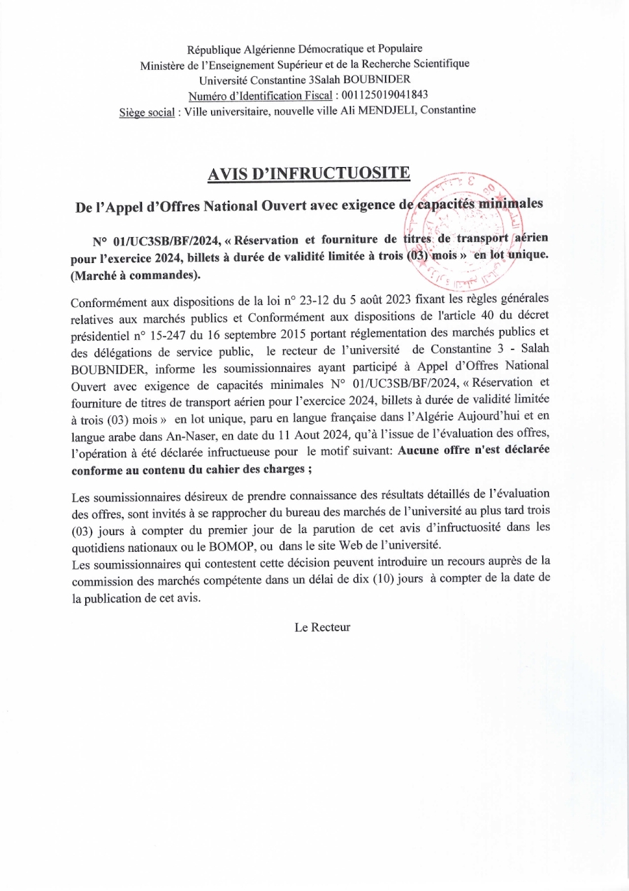 Avis d’infructuosité de l’Appel d’Offres National N°01/UCSB/BF/2024