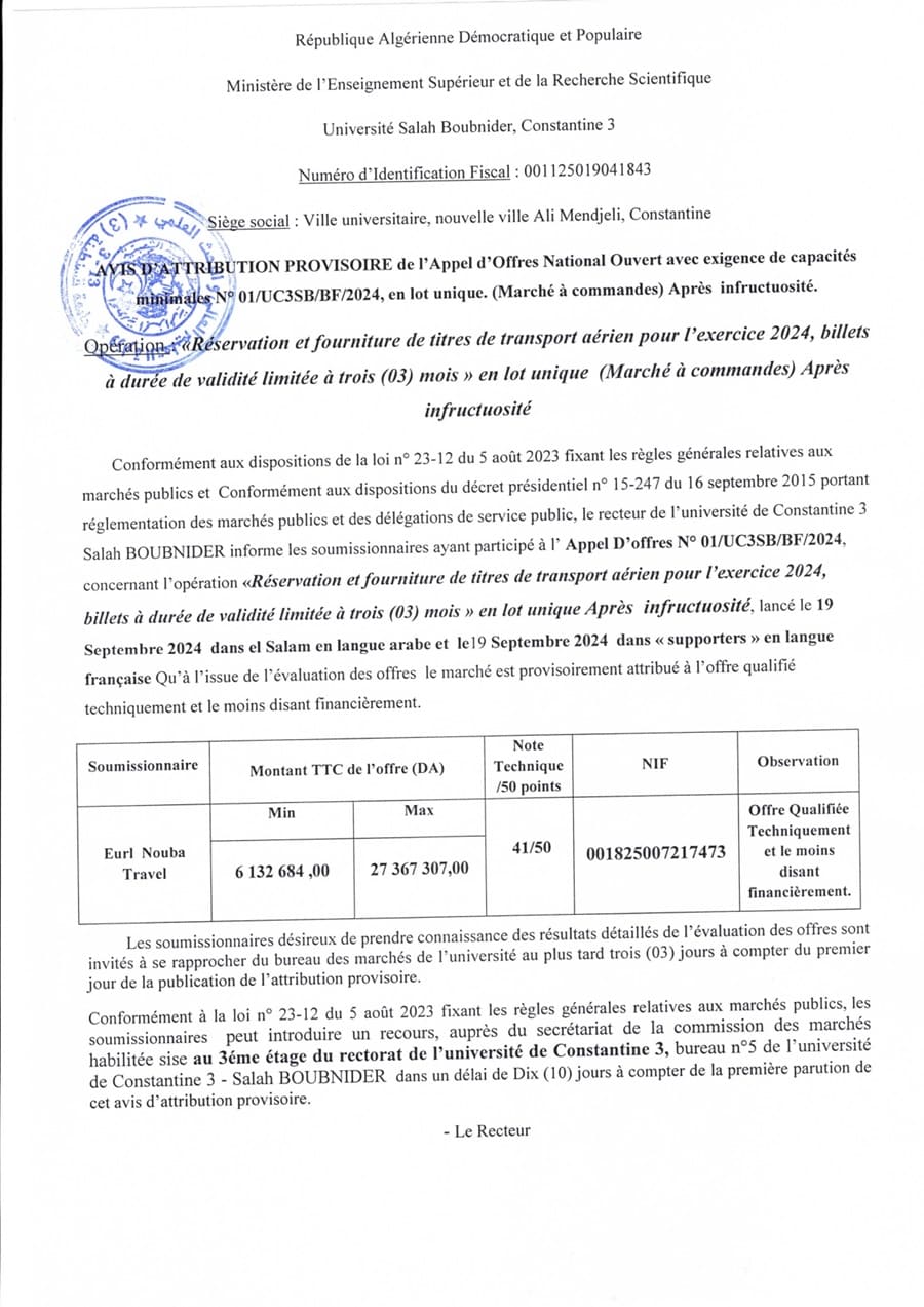 Avis d’attribution provisoire de l’appel d’offres national avec exigence de capacités minimales No 01/UC3SB/BF/2024