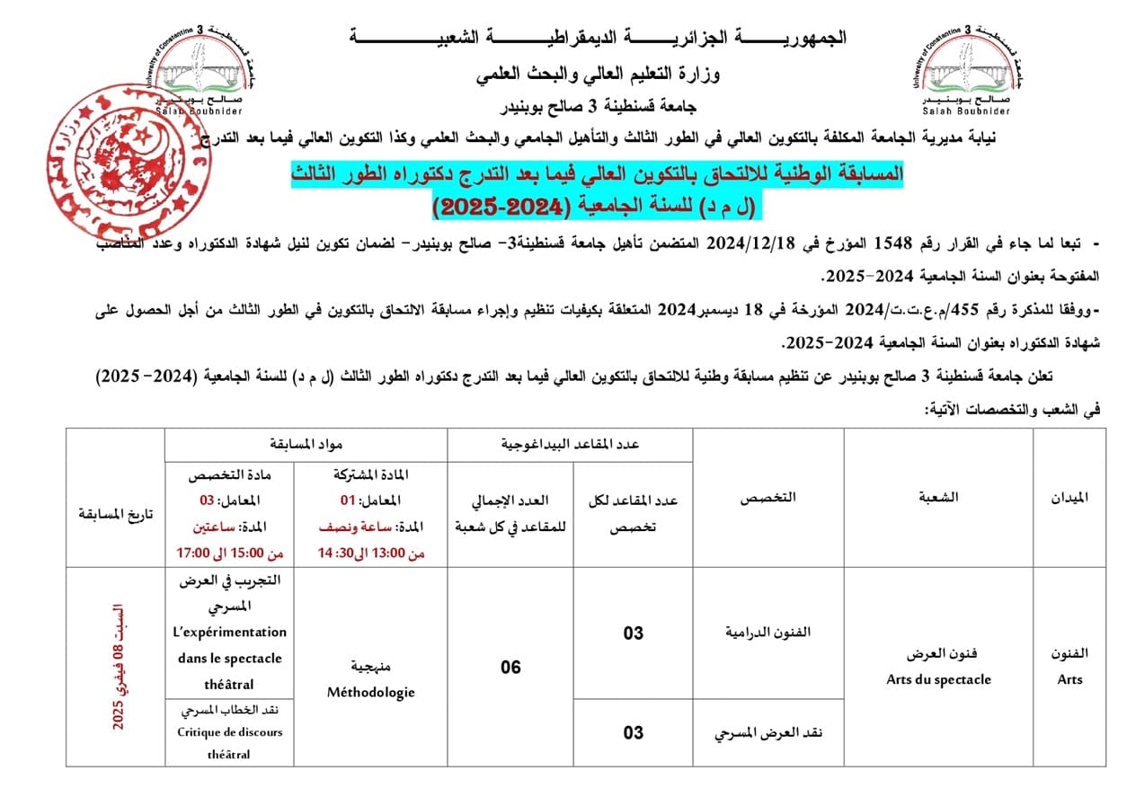 المسابقة الوطنية للإلتحاق بالتكوين العالي فيما بعد التدرج دكتوراه الطور الثالث )ل م د( للسنة الجامعية )-2024 2025(