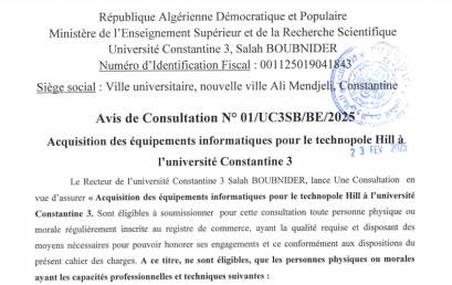 Avis de Consultation N°01/UC3SB/BE/2025