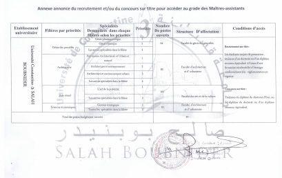 Avis de Recrutement des Enseignants « Maitres Assistants » Au Titre de l’exercice 2025