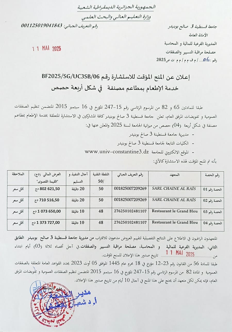 إعلان عن المنح المؤقت للاستشارة رقم BU2025/SG/UC3SB/06