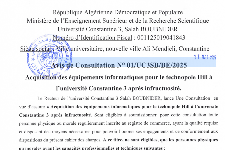 Avis de Consultation N°01/UC3SB/BE/2025