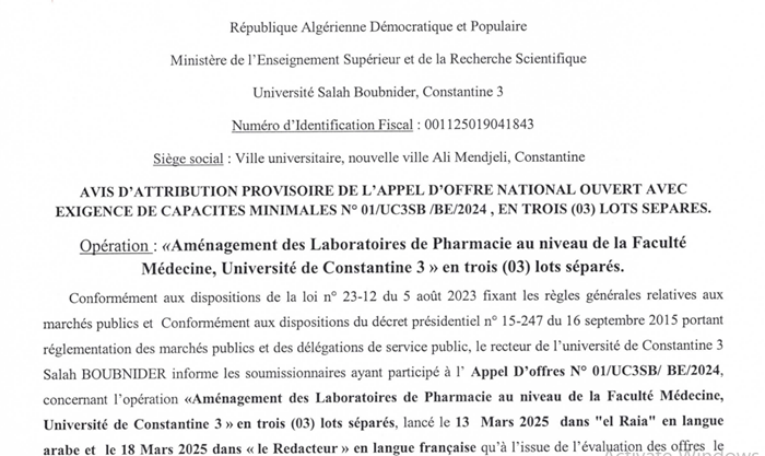 Avis d’attribution provisoire de l’Appel d’offre national ouvert avec exigence de capacités minimales N 01/UC3SB/BE/2024