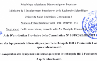 Avis d’attribution Provisoire de la Consultation N01/UC3SB/BE/2025