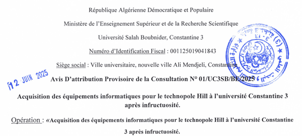 Avis d’attribution Provisoire de la Consultation N01/UC3SB/BE/2025