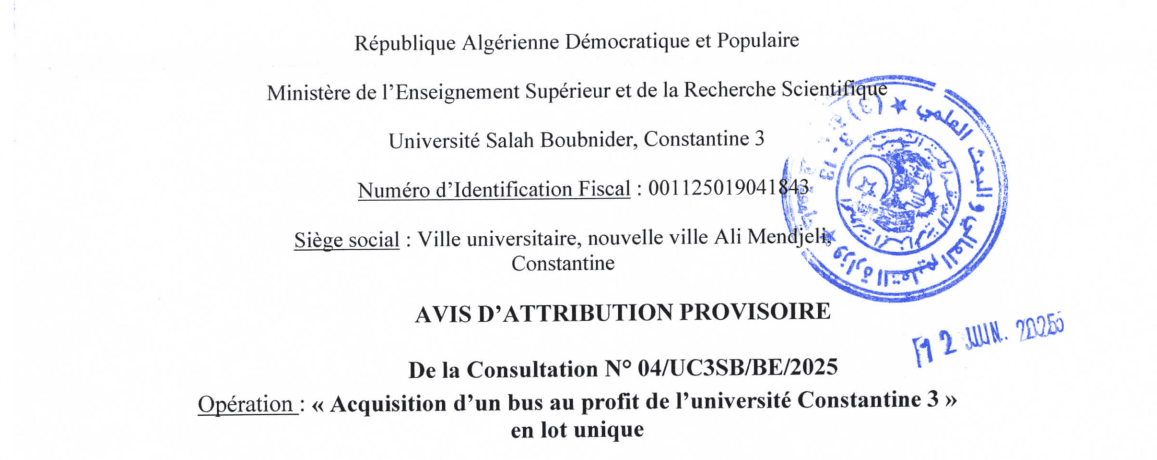 Avis d’attribution provisoire de la consultation N04/UC3SB/BE/2025