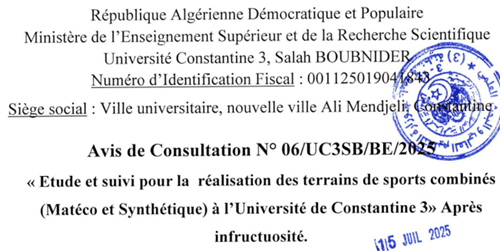 Avis de consultation N°06/UC3SB/BE/2025