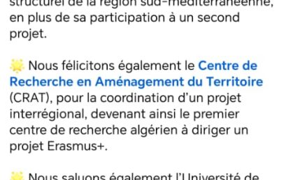 Le Bureau National Erasmus+ Algérie félicite les établissements Algériens.