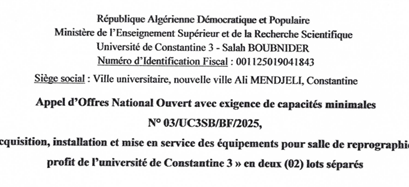 Appel d’Offres National Ouvert avec exigence de capacités minimales No O3/UC3SB/BF/2025