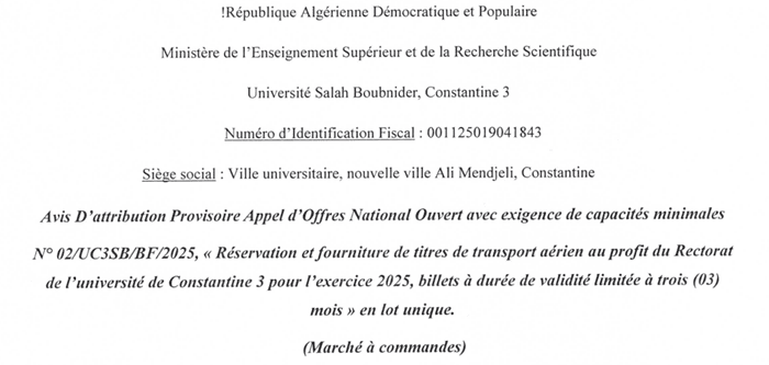 Avis D’attribution Provisoire Appel d’Offres National Ouvert owec exigence de capacités minimales N° 02/UC3S/BF/2025