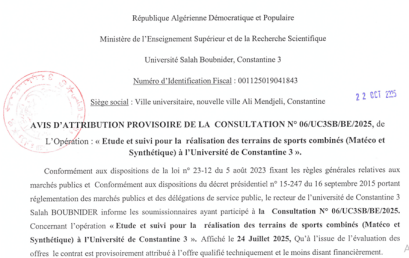 Avis d’Attribution Provisoire de la Consultation  06/UC3SB/BE/ Avis d’Attribution Provisoire de la Consultation  06/UC3SB/BE/