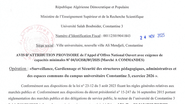 Avis d&rsquo;attribution Provisoir de I&rsquo;Appel d&rsquo;Offres National 0uvert avec exigence de capacités minimales N° 04/UC3SB/BF/2025