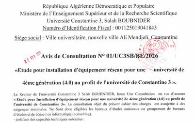 Avis de Consultation N°01/UC3SB/BE/2026