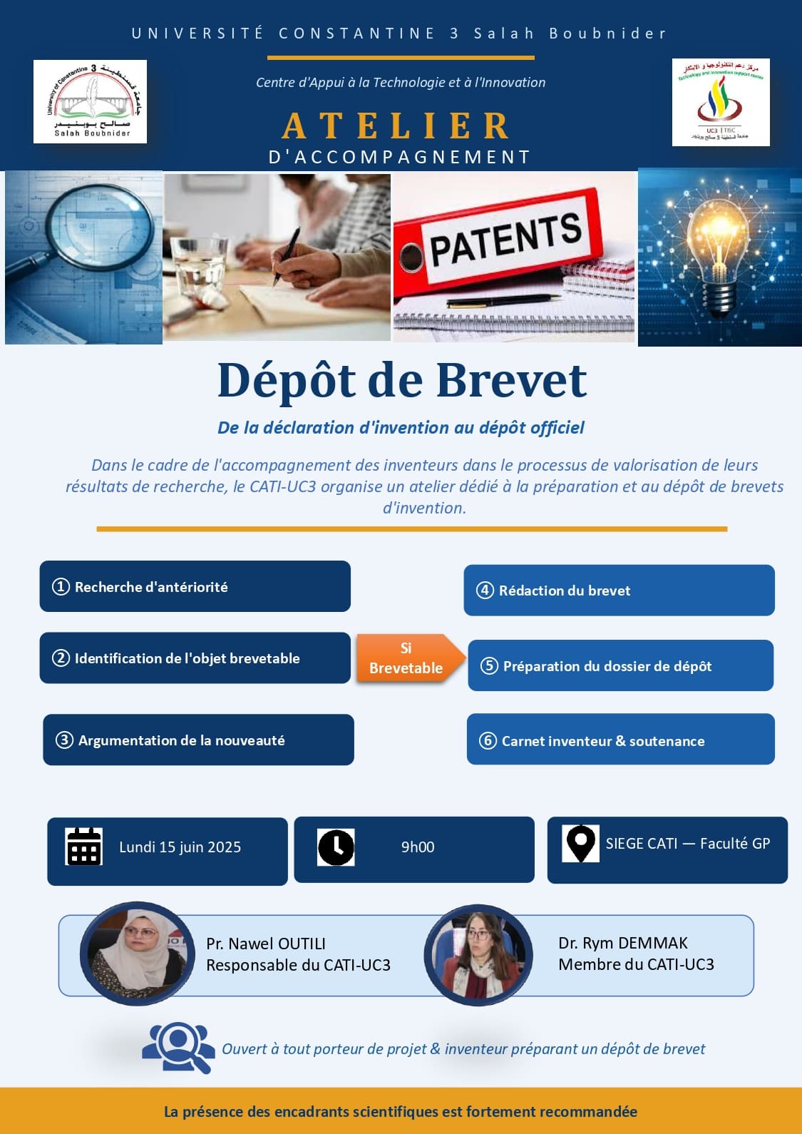 Atelier d’accompagnement des inventeurs pour le dépôt de brevets d’invention.