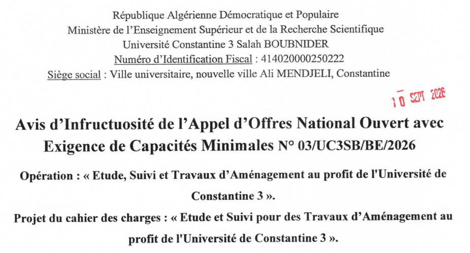 Avis d&rsquo;Infructuosité de l&rsquo;Appel d&rsquo;Offres National 0uvert avecExigence de Capacités Minimales N°o3/UC3SB/BE/2o26