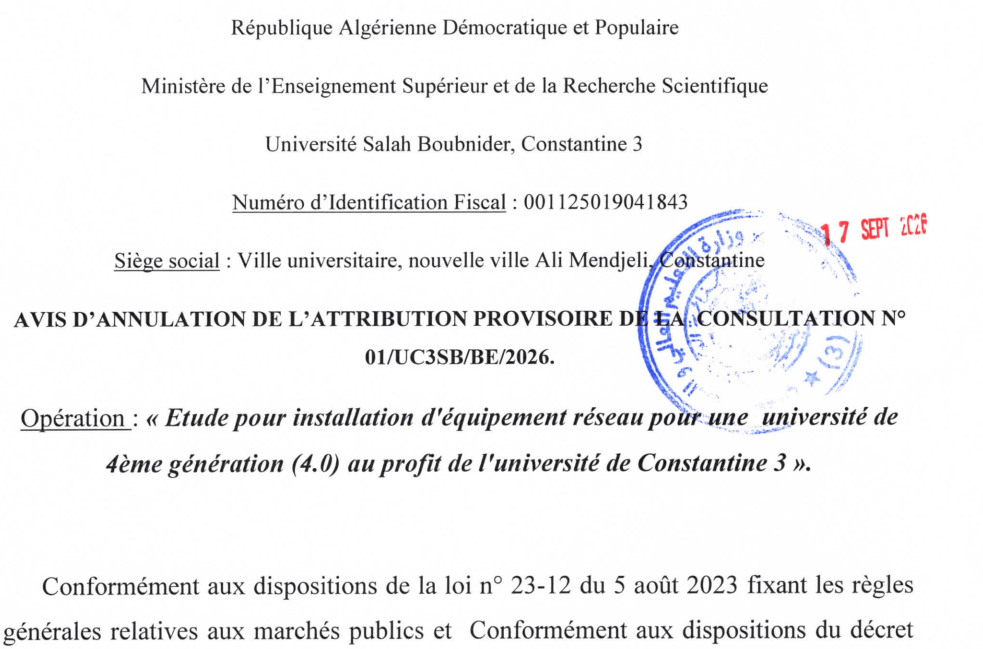 AVIS D&rsquo;ANNULATI0N DE L&rsquo;ATTRIBUTI0N PROVISOIRE DE LA CONSULTATION No 01/UC3SB/BE/2026